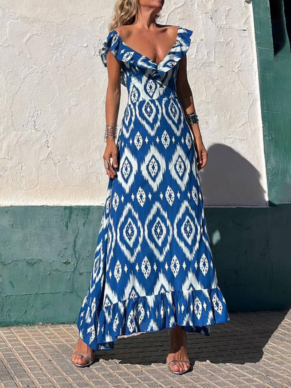 Ethnic Print Smocked Bust Graceful Ruffle Neck Maxi Dress