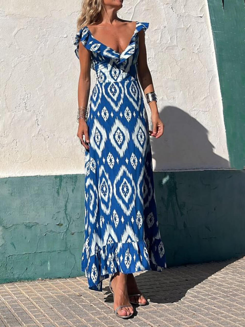 Ethnic Print Smocked Bust Graceful Ruffle Neck Maxi Dress