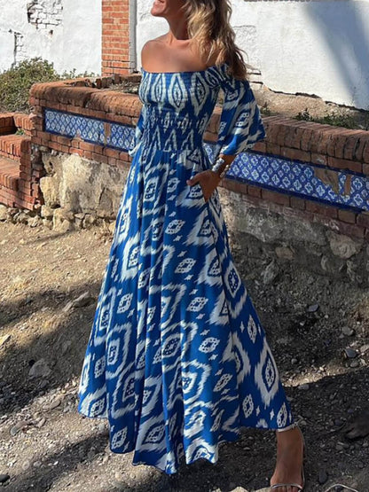 Vacation Ethnic Print Smocked Graceful Off Shoulder Pocketed Maxi Dress