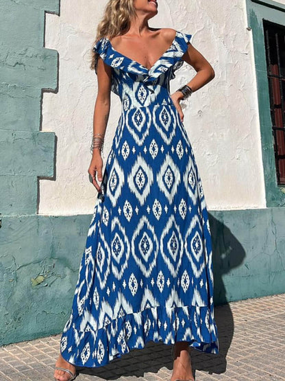 Ethnic Print Smocked Bust Graceful Ruffle Neck Maxi Dress