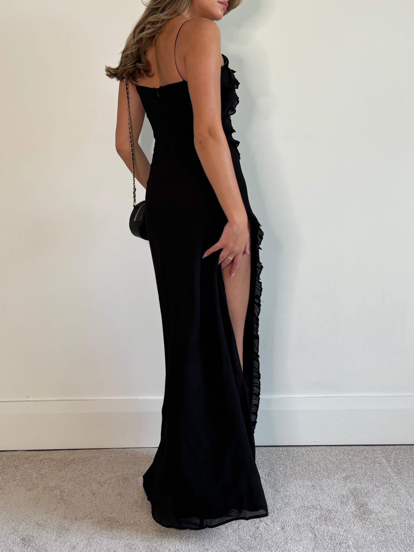 Rose Black Pleated Unique Graceful Neckline Side Slit Maxi Dress