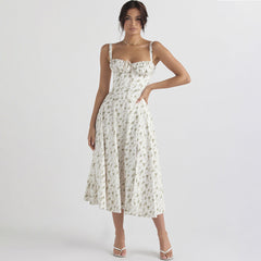 Backless Slim Fit Strap Dress Vacation Floral Split Mid Length Dress