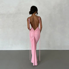 Backless Pleated Dress Evening Dress Sleeveless Strap Dress for