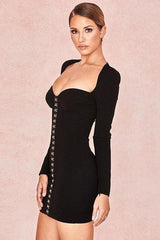 long-sleeved V-neck breast-wrapped metal button hip dress