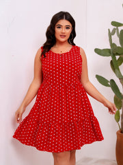 Round Neck Sleeveless Polka Dot Loose Fitting Large Hem Ruffled Dress