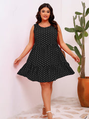 Round Neck Sleeveless Polka Dot Loose Fitting Large Hem Ruffled Dress