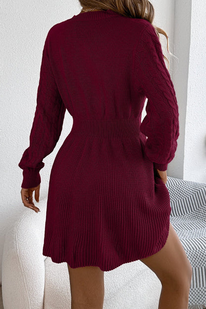 Solid Round Neck Chunk Cable Waisted Knit Mini Dress