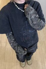 Washed Typography Camo Layered Long Sleeve T-Shirt