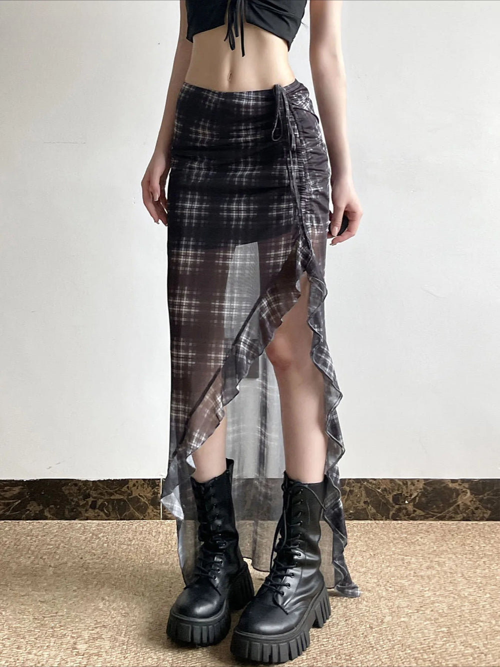 Drawstring Transparent Skirt Black / S