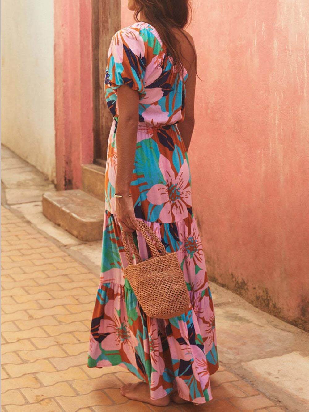 Palm Leaf Print Off-Shoulder Graceful Holiday Style Floral Dress