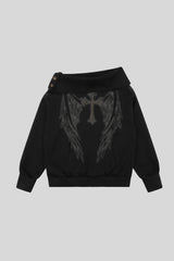 Asymmetric High Neck Angel Rhinestone Sweatshirt