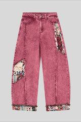 Pattern Patch Ankle Barrel Leg Jeans