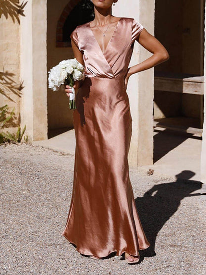 Spring/Summer Satin Solid Color Graceful V-Neck Fishtail Party Dress