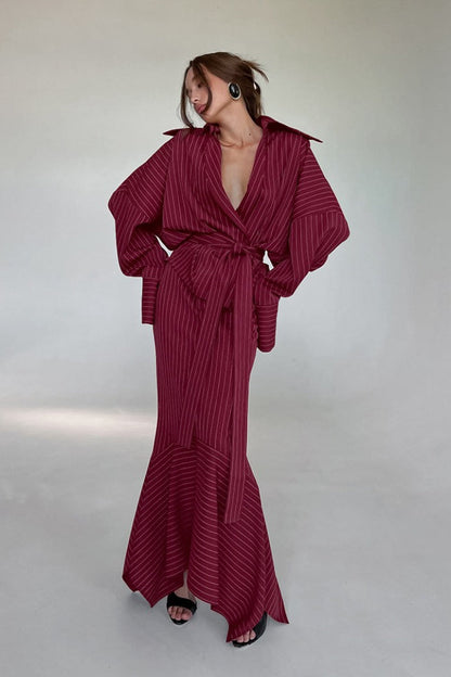 Shirt Style Striped V-Neck Tie Fitted Waist Maxi Dress