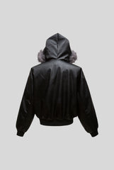 Fur Hood PU Leather Cropped Zip Coat