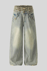 Leopard Double Waist Wide Leg Jeans