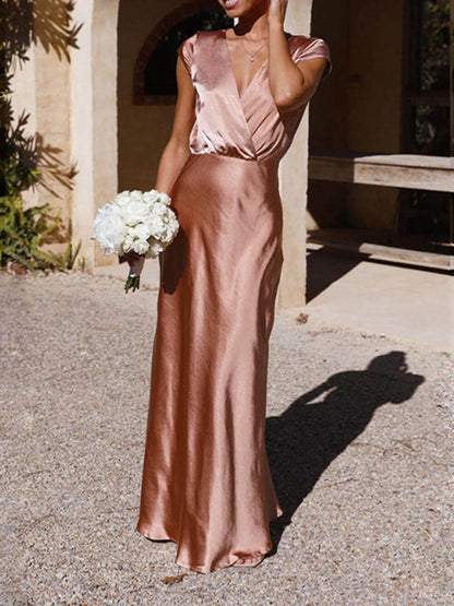 Spring/Summer Satin Solid Color Graceful V-Neck Fishtail Party Dress