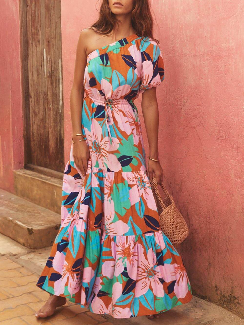 Palm Leaf Print Off-Shoulder Graceful Holiday Style Floral Dress