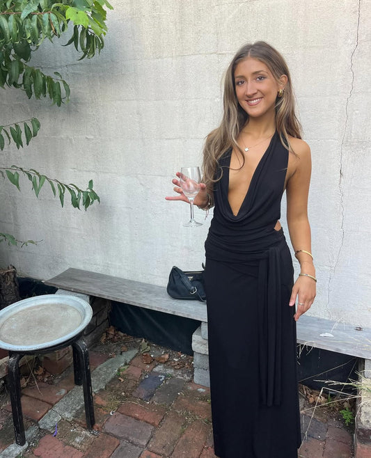 Sexy V Neck Backless Hooded Fitted Maxi Dress