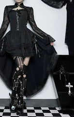 Uneven Folded Lace Black Midi Dress