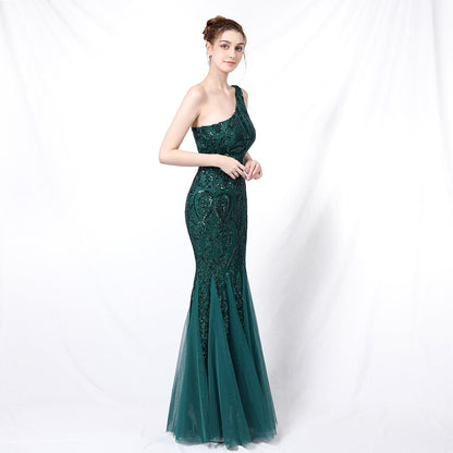 Emily formal one-shoulder Charming sequined mesh fishtail dress