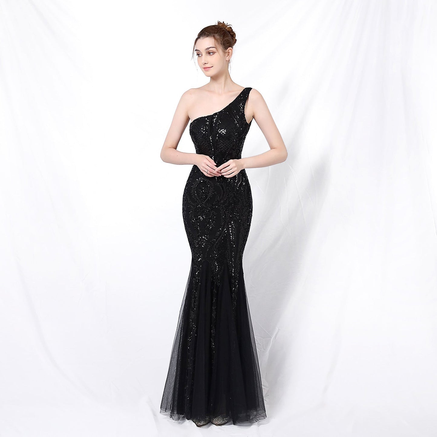 Emily formal one-shoulder sequined mesh fishtail dress - Lady Occasions