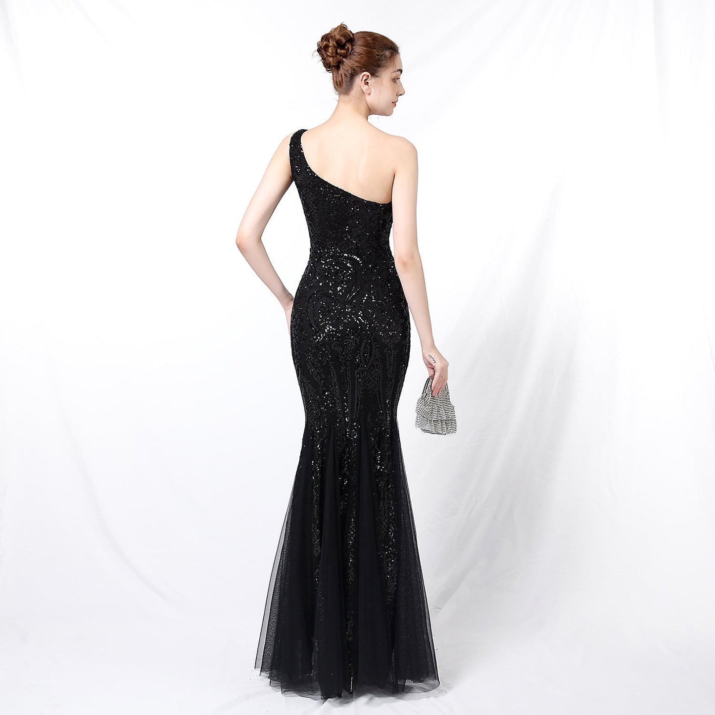 Emily formal one-shoulder Charming sequined mesh fishtail dress