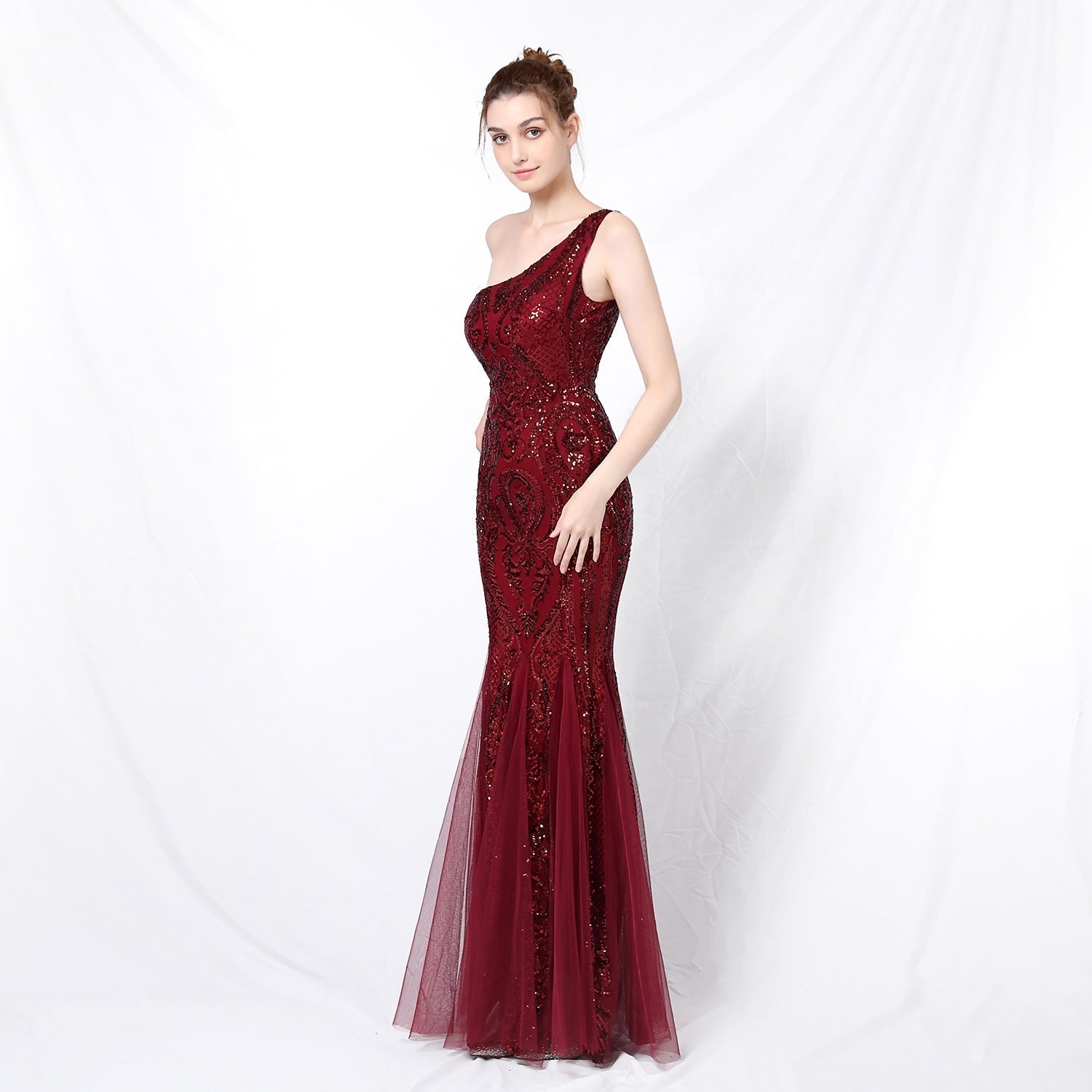 Emily formal one-shoulder sequined mesh fishtail dress - Lady Occasions