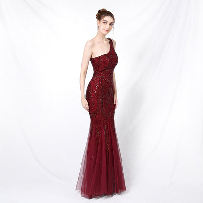 Emily formal one-shoulder Charming sequined mesh fishtail dress