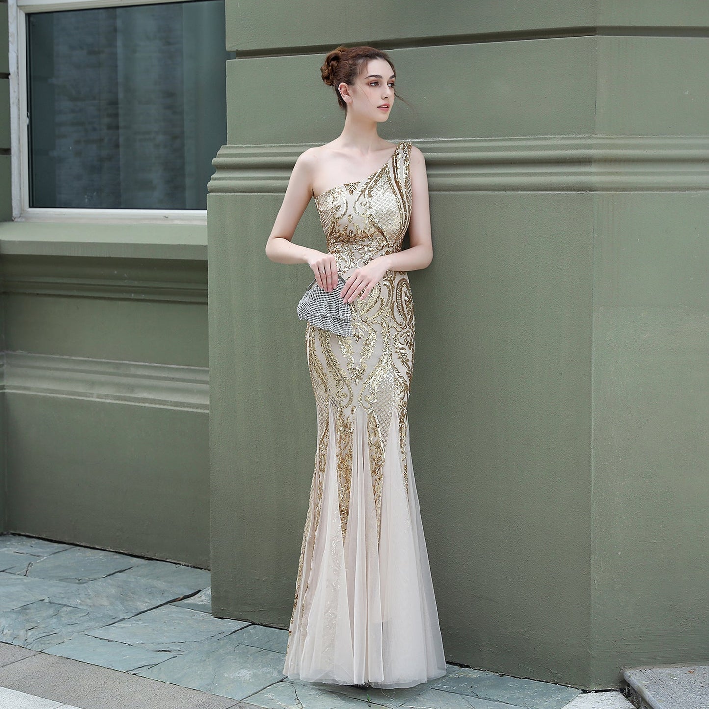 Emily formal one-shoulder Charming sequined mesh fishtail dress