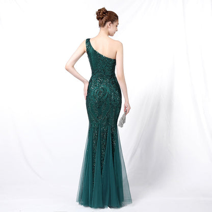 Emily formal one-shoulder Charming sequined mesh fishtail dress