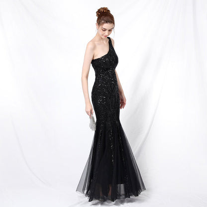 Emily formal one-shoulder sequined mesh fishtail dress - Lady Occasions