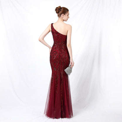 Emily formal one-shoulder Charming sequined mesh fishtail dress