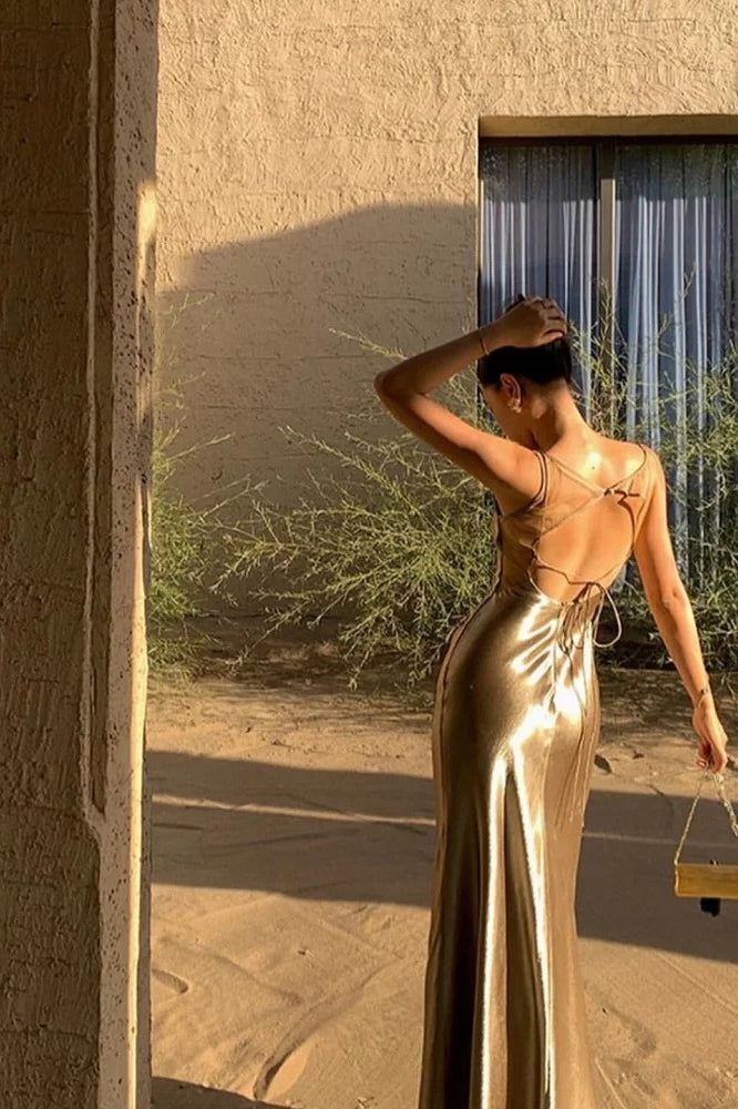 Satin Spaghetti Strap Backless Prom Maxi Dress