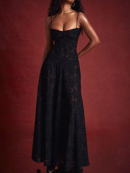 Black Floral Lace Charming Back Maxi Dress