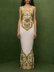 Extraordinary Elegance Symmetrical Unique Graceful Print Stretch Fishtail Maxi Dress