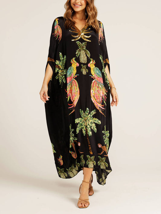 Unique Drop Shoulder Sleeve Graceful Coconut Tree Printed Dress