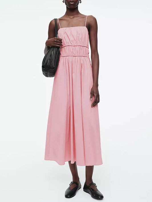Suspender Pleated Stylish Waist Midi Dress