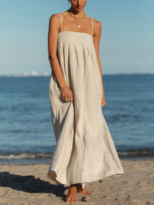 Offshore Pleated Strappy Charming Linen Maxi Dress