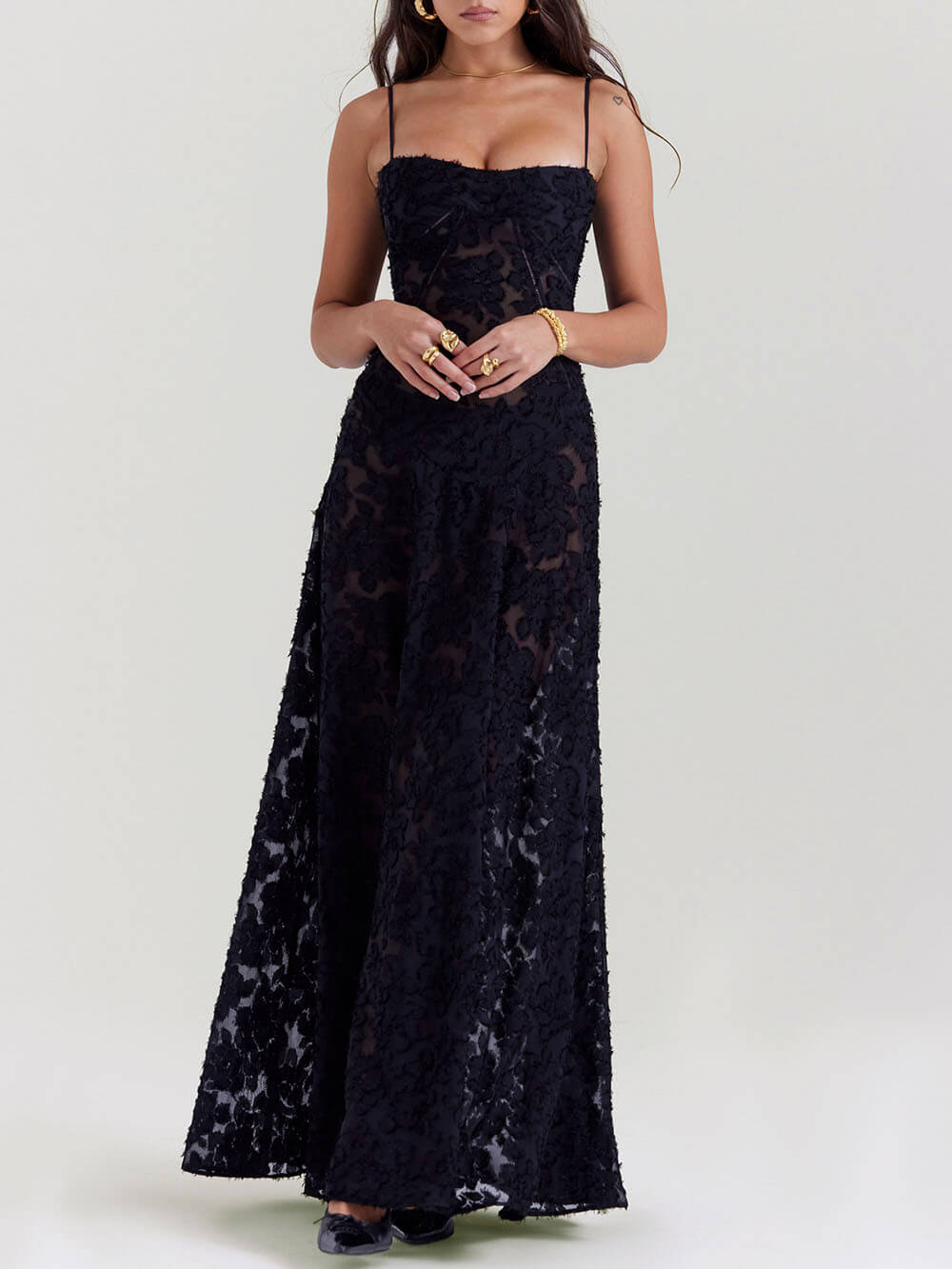 Black Floral Lace Charming Back Maxi Dress