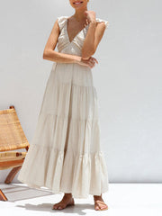 Ruffled Flying Sleeves Smocked Graceful Back Tiered Vacation Maxi Dress
