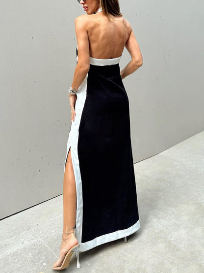 Color Block Halter Charming Neck Slit Maxi Dress