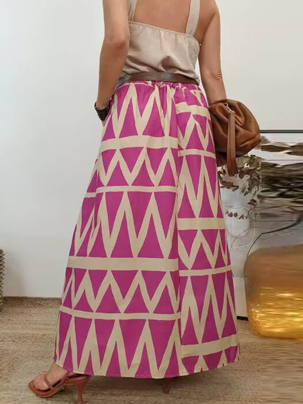 Triangle Printed Back Waist Graceful Elasticated Pocket Maxi Skirt