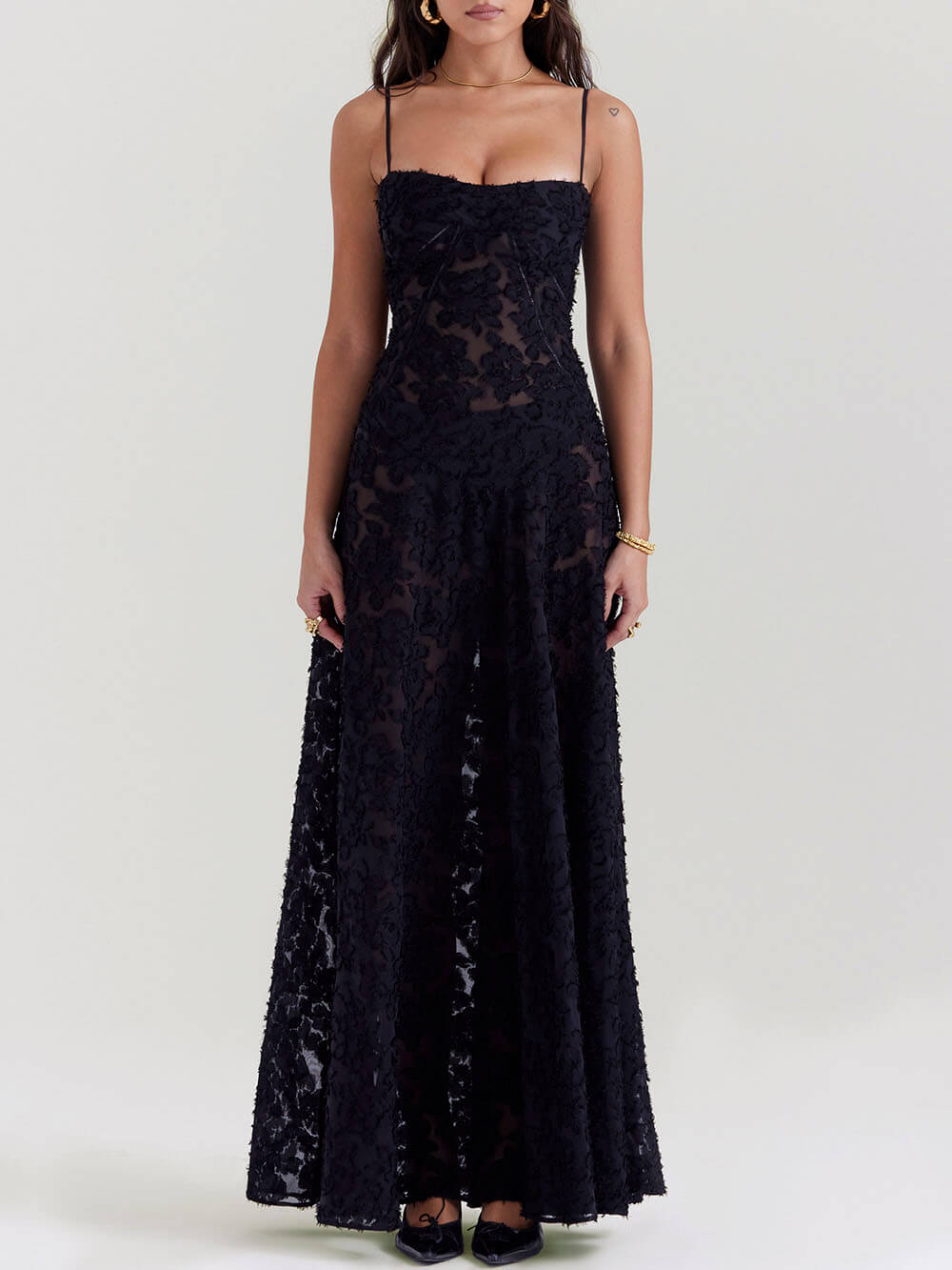 Black Floral Lace Charming Back Maxi Dress