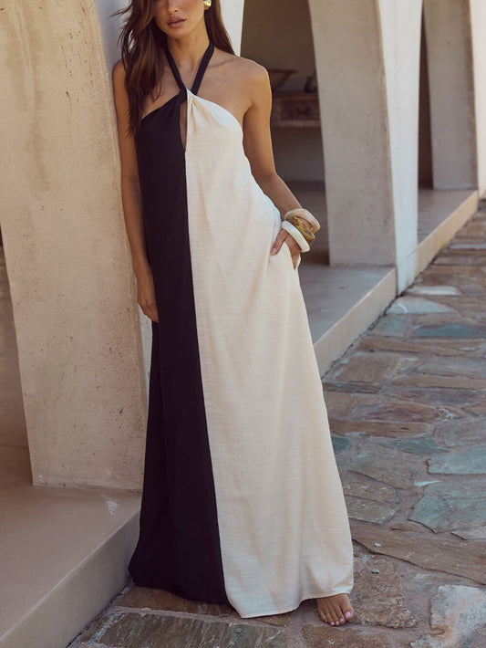 Hanging Neck Bold Contrast Color Trendy Halter Pocketed A-Line Maxi Dress