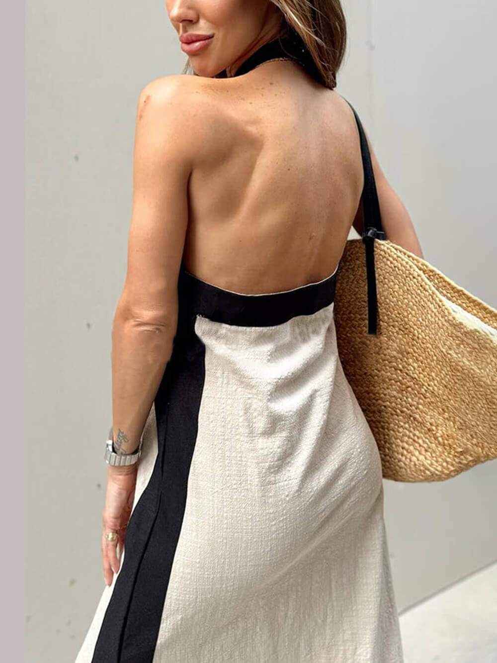 Color Block Halter Charming Neck Slit Maxi Dress