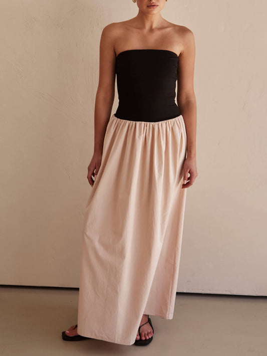 Strapless Black And Charming Sand Paneled Maxi Dress