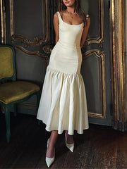 Graceful Square Neck Wide Graceful Strap Drop Waist Midi Dress