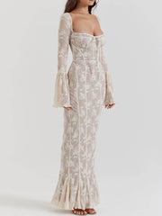 Vintage Cream Stylish Lace Maxi Dress