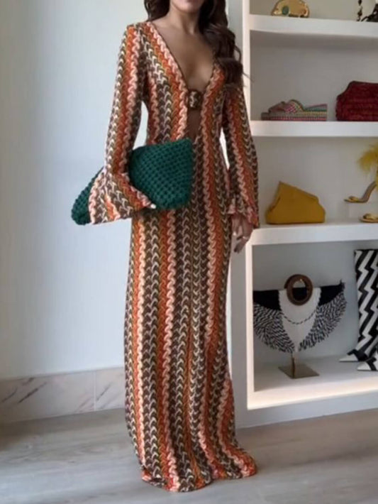 Orange Soda Stripe Print O-Ring Trendy Long Sleeve Beach Maxi Dress